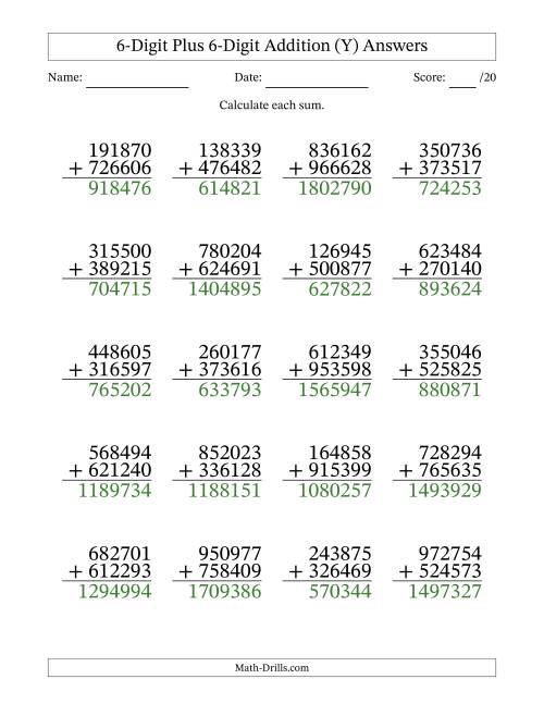 The 6-Digit Plus 6-Digit Addition With Some Regrouping (20 Questions) (Y) Math Worksheet Page 2