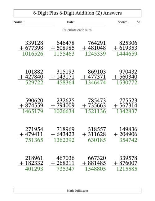 The 6-Digit Plus 6-Digit Addition With Some Regrouping (20 Questions) (Z) Math Worksheet Page 2