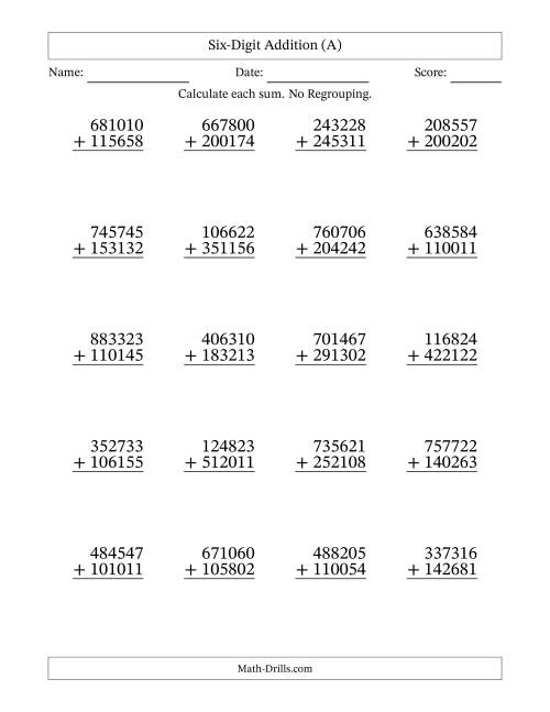 The 6-Digit Plus 6-Digit Addition with NO Regrouping (A) Math Worksheet