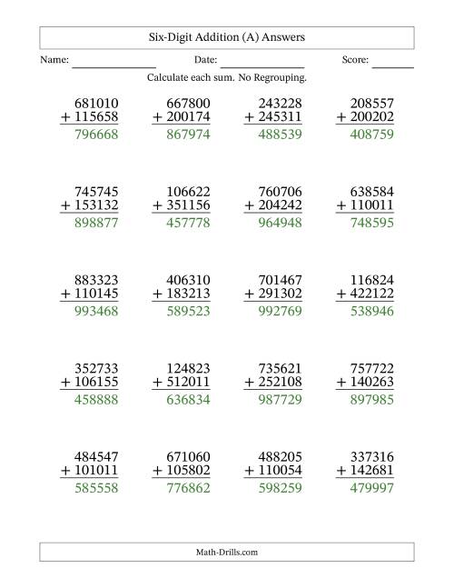 The 6-Digit Plus 6-Digit Addition with NO Regrouping (A) Math Worksheet Page 2