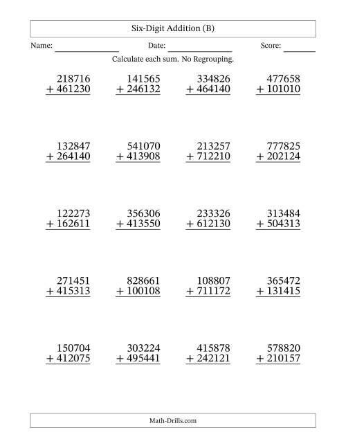 The 6-Digit Plus 6-Digit Addition with NO Regrouping (B) Math Worksheet