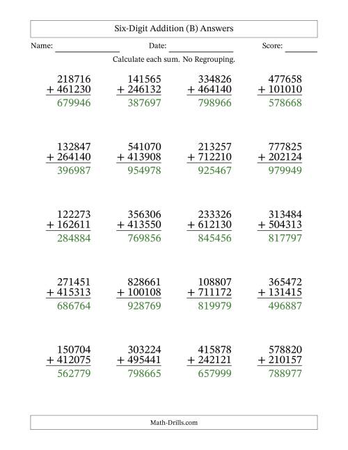 The Six-Digit Addition With No Regrouping – 20 Questions (B) Math Worksheet Page 2