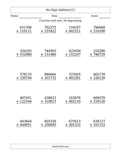 The 6-Digit Plus 6-Digit Addition with NO Regrouping (C) Math Worksheet