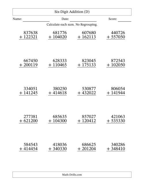 The 6-Digit Plus 6-Digit Addition with NO Regrouping (D) Math Worksheet