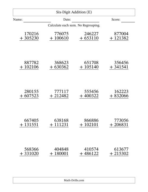 The 6-Digit Plus 6-Digit Addition with NO Regrouping (E) Math Worksheet