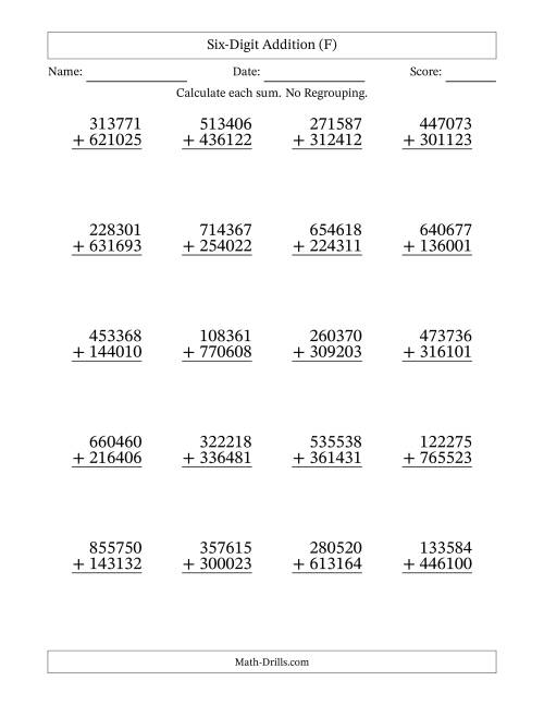 The Six-Digit Addition With No Regrouping – 20 Questions (F) Math Worksheet