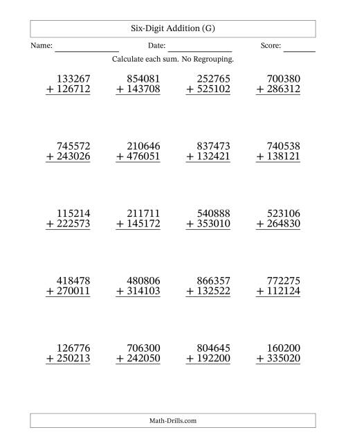 The Six-Digit Addition With No Regrouping – 20 Questions (G) Math Worksheet