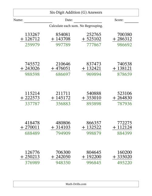 The Six-Digit Addition With No Regrouping – 20 Questions (G) Math Worksheet Page 2