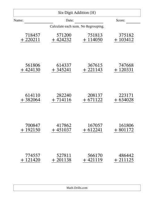 The 6-Digit Plus 6-Digit Addition with NO Regrouping (H) Math Worksheet