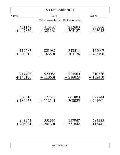 The 6-Digit Plus 6-Digit Addition with NO Regrouping (I) Math Worksheet