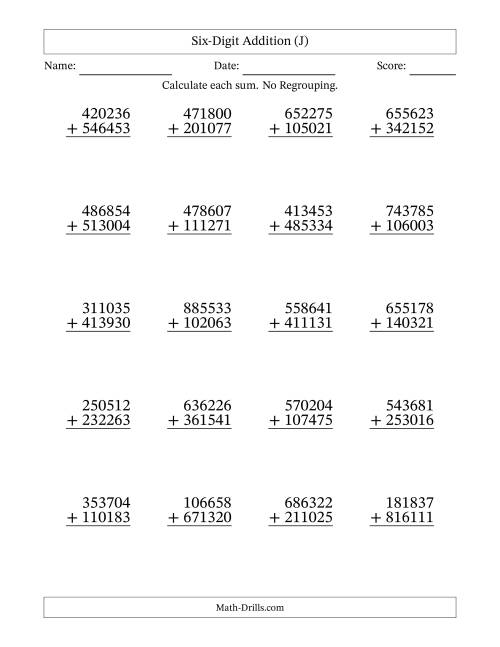 The 6-Digit Plus 6-Digit Addition with NO Regrouping (J) Math Worksheet