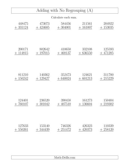 The Adding 6-Digit and 6-Digit Numbers with No Regrouping (Old) Math Worksheet