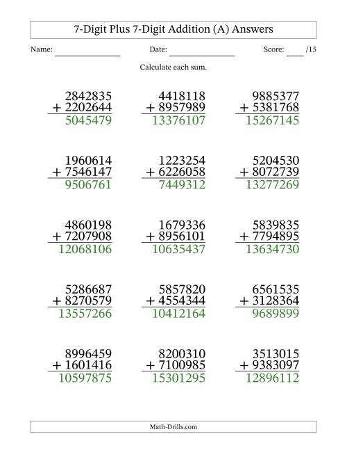 The 7-Digit Plus 7-Digit Addition With Some Regrouping (15 Questions) (A) Math Worksheet Page 2