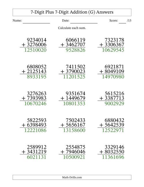 The 7-Digit Plus 7-Digit Addition With Some Regrouping (15 Questions) (G) Math Worksheet Page 2