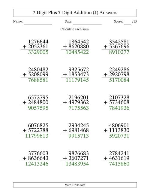 The 7-Digit Plus 7-Digit Addition With Some Regrouping (15 Questions) (J) Math Worksheet Page 2