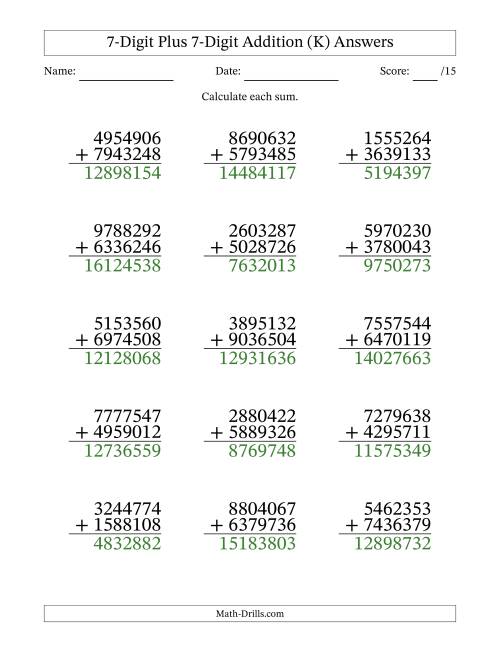 The 7-Digit Plus 7-Digit Addition With Some Regrouping (15 Questions) (K) Math Worksheet Page 2