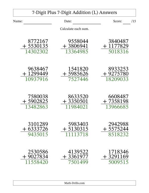 The 7-Digit Plus 7-Digit Addition With Some Regrouping (15 Questions) (L) Math Worksheet Page 2