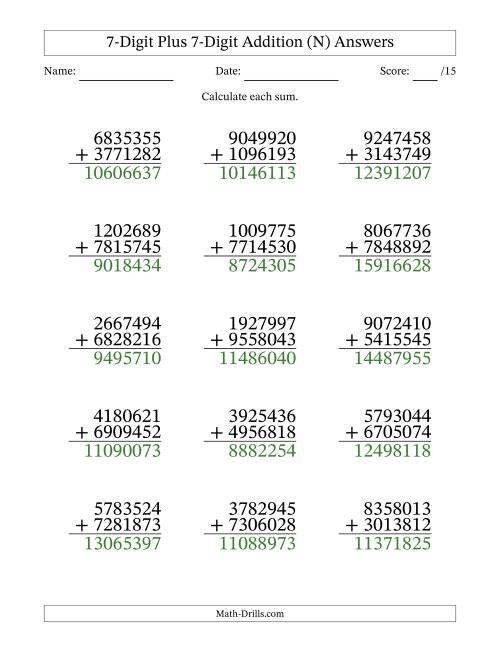 The 7-Digit Plus 7-Digit Addition With Some Regrouping (15 Questions) (N) Math Worksheet Page 2