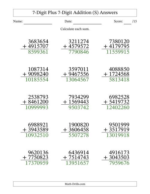 The 7-Digit Plus 7-Digit Addition With Some Regrouping (15 Questions) (S) Math Worksheet Page 2