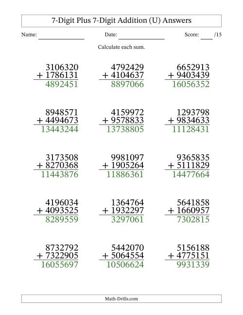 The 7-Digit Plus 7-Digit Addition With Some Regrouping (15 Questions) (U) Math Worksheet Page 2