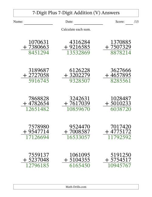 The 7-Digit Plus 7-Digit Addition With Some Regrouping (15 Questions) (V) Math Worksheet Page 2