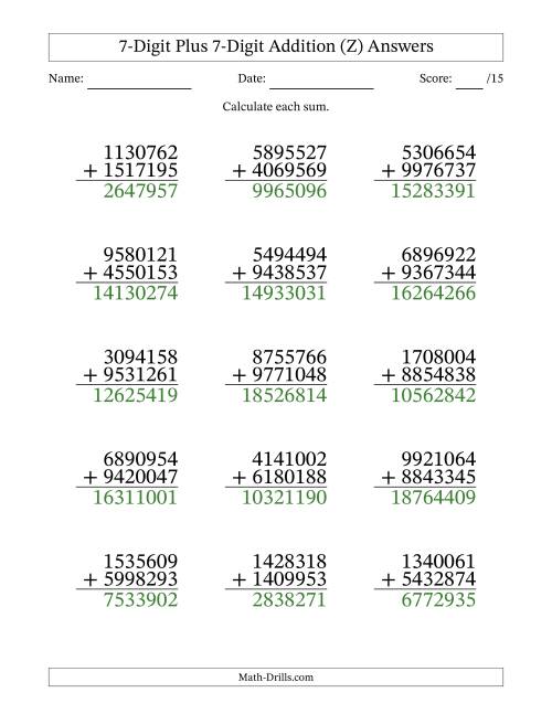 The 7-Digit Plus 7-Digit Addition With Some Regrouping (15 Questions) (Z) Math Worksheet Page 2