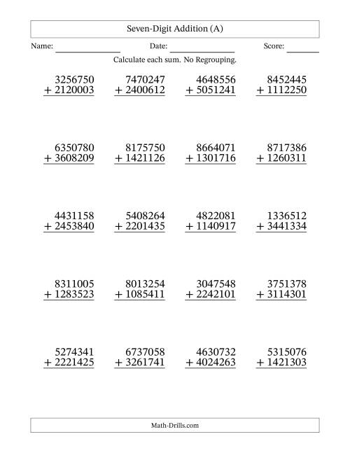 The Seven-Digit Addition With No Regrouping – 20 Questions (A) Math Worksheet