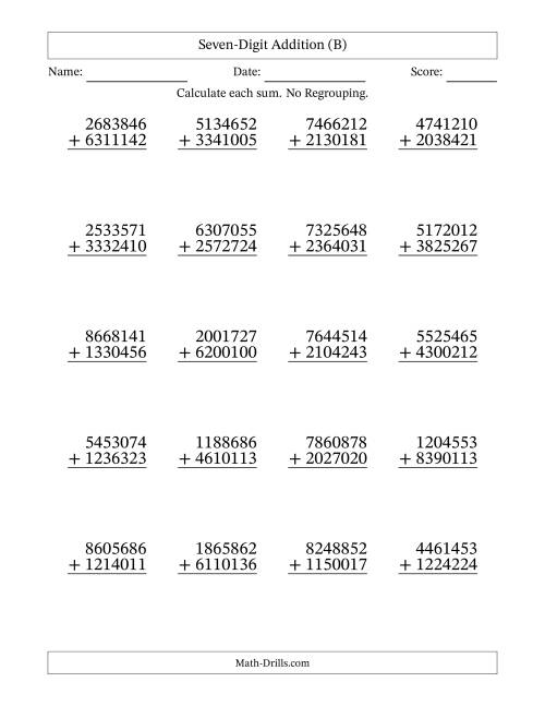 The Seven-Digit Addition With No Regrouping – 20 Questions (B) Math Worksheet