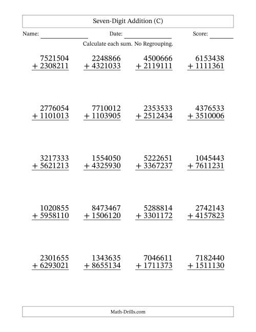 The Seven-Digit Addition With No Regrouping – 20 Questions (C) Math Worksheet