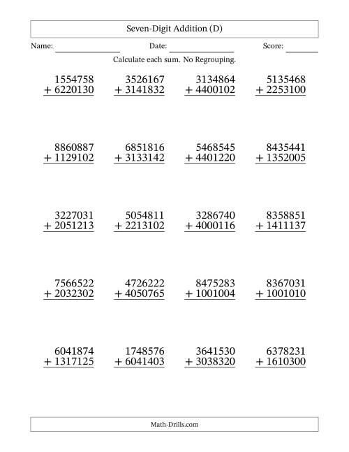 The Seven-Digit Addition With No Regrouping – 20 Questions (D) Math Worksheet