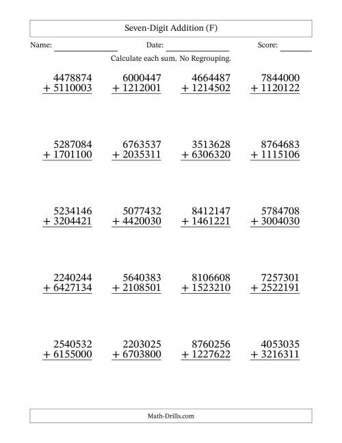 The Seven-Digit Addition With No Regrouping – 20 Questions (F) Math Worksheet