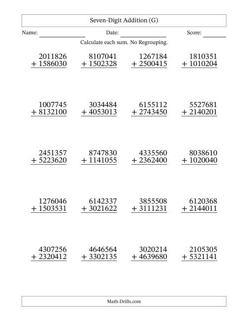 The Seven-Digit Addition With No Regrouping – 20 Questions (G) Math Worksheet