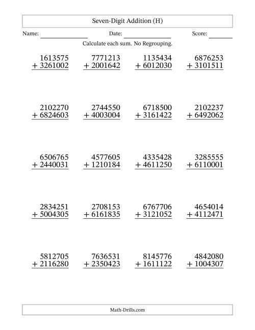 The Seven-Digit Addition With No Regrouping – 20 Questions (H) Math Worksheet