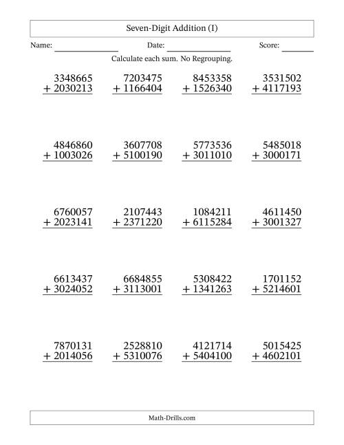 The Seven-Digit Addition With No Regrouping – 20 Questions (I) Math Worksheet