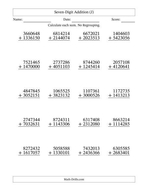 The Seven-Digit Addition With No Regrouping – 20 Questions (J) Math Worksheet
