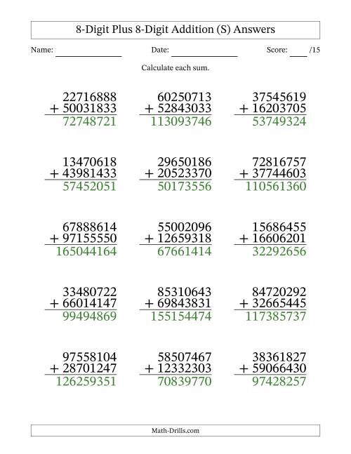 The 8-Digit Plus 8-Digit Addition With Some Regrouping (15 Questions) (S) Math Worksheet Page 2