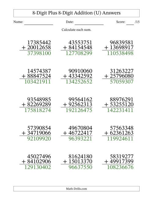 The 8-Digit Plus 8-Digit Addition With Some Regrouping (15 Questions) (U) Math Worksheet Page 2