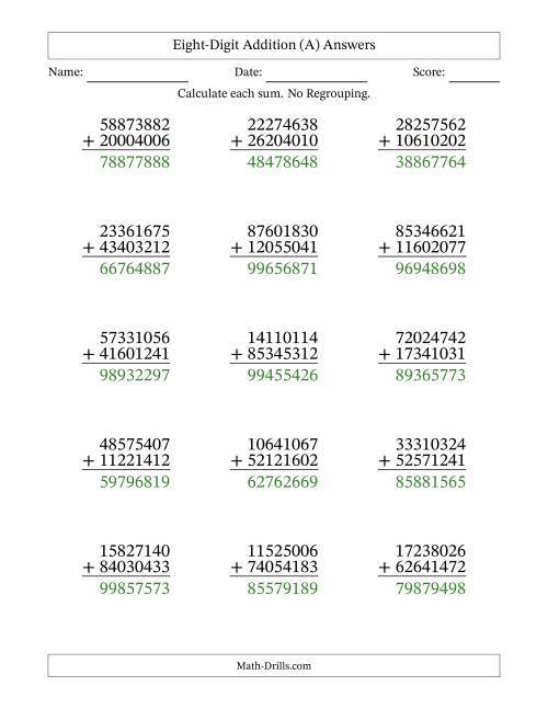 The 8-Digit Plus 8-Digit Addition with NO Regrouping (A) Math Worksheet Page 2