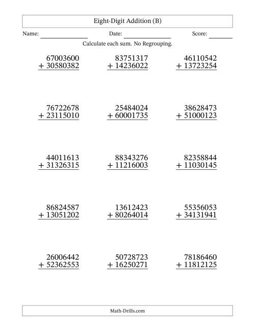 The Eight-Digit Addition With No Regrouping – 15 Questions (B) Math Worksheet