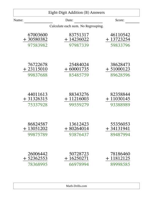 The Eight-Digit Addition With No Regrouping – 15 Questions (B) Math Worksheet Page 2