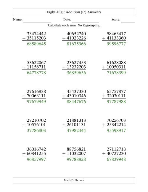The Eight-Digit Addition With No Regrouping – 15 Questions (C) Math Worksheet Page 2