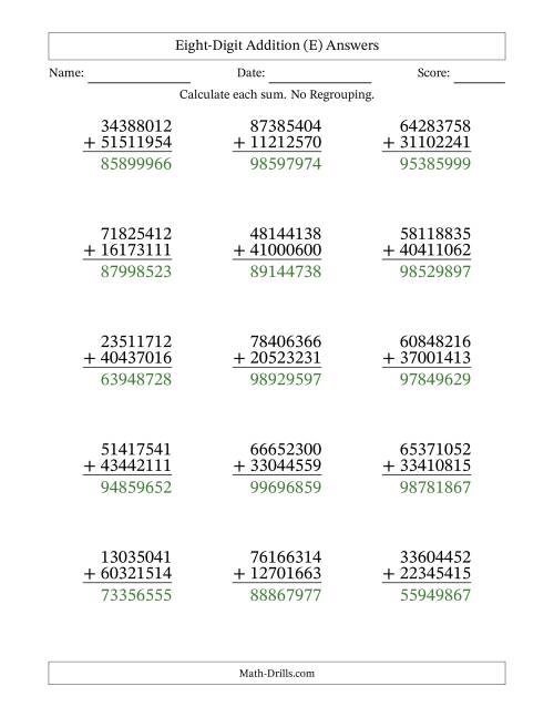 The Eight-Digit Addition With No Regrouping – 15 Questions (E) Math Worksheet Page 2