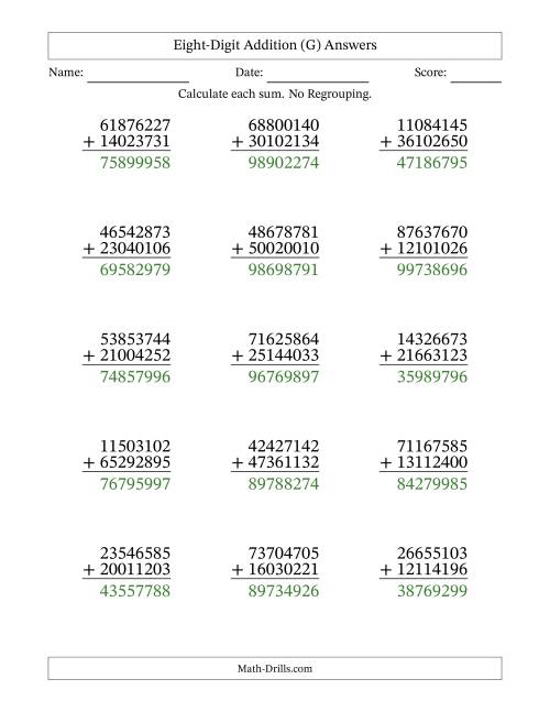 The Eight-Digit Addition With No Regrouping – 15 Questions (G) Math Worksheet Page 2