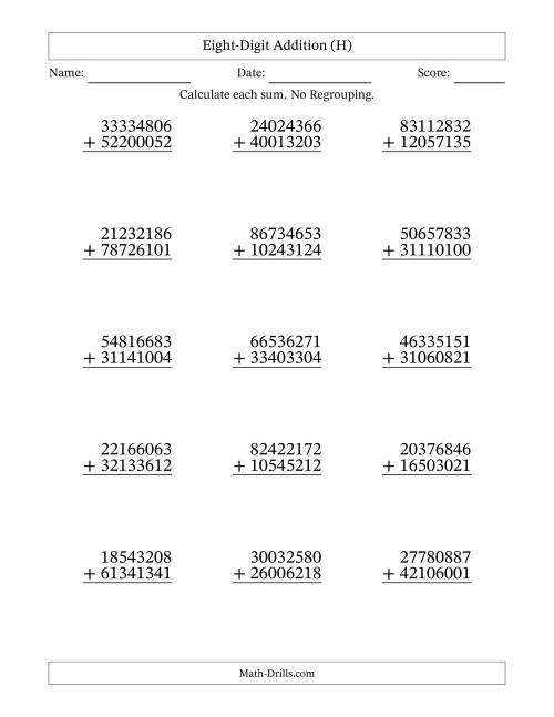 The Eight-Digit Addition With No Regrouping – 15 Questions (H) Math Worksheet