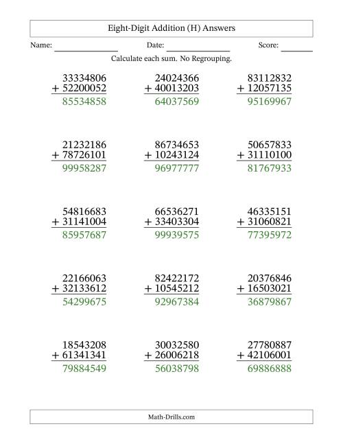 The Eight-Digit Addition With No Regrouping – 15 Questions (H) Math Worksheet Page 2