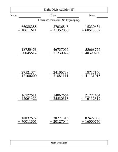The Eight-Digit Addition With No Regrouping – 15 Questions (I) Math Worksheet