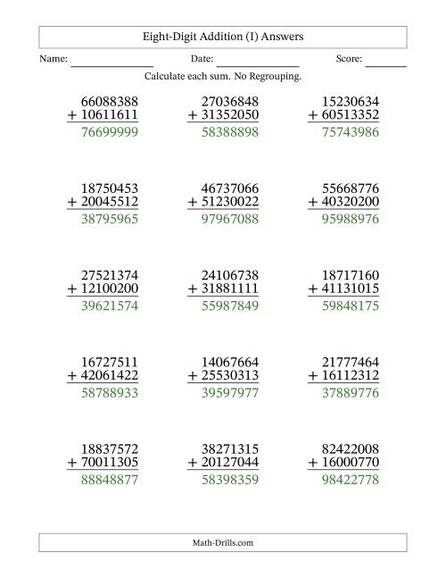 The Eight-Digit Addition With No Regrouping – 15 Questions (I) Math Worksheet Page 2