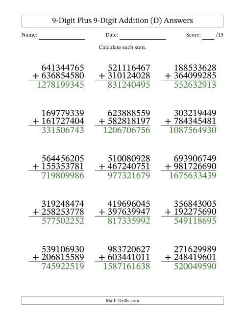 The 9-Digit Plus 9-Digit Addition With Some Regrouping (15 Questions) (D) Math Worksheet Page 2