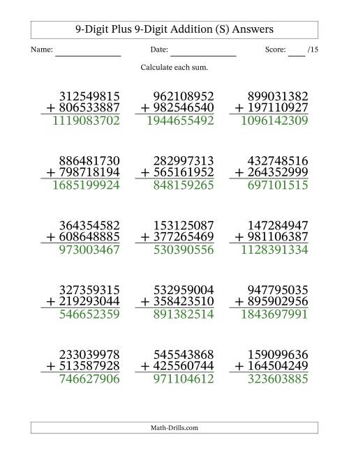 The 9-Digit Plus 9-Digit Addition With Some Regrouping (15 Questions) (S) Math Worksheet Page 2