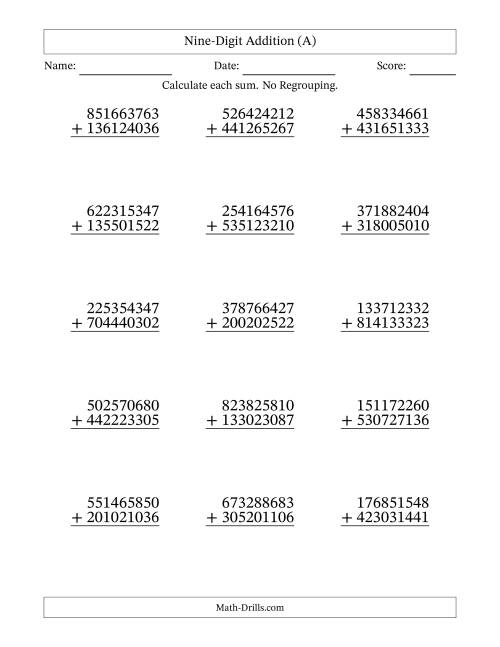 The Nine-Digit Addition With No Regrouping – 15 Questions (A) Math Worksheet